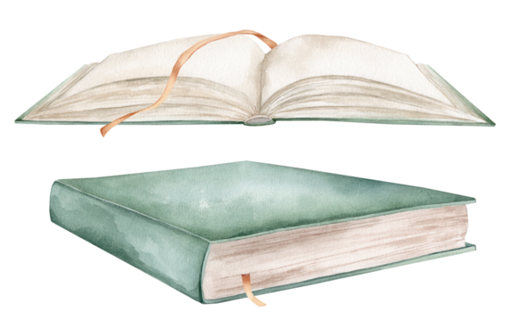Set of books watercolor illustration isolated on white background. Open books green colors with bookmarks. Vintage old textbooks watercolor hand drawn. - Powered by Adobe