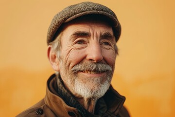 Portrait of an elderly man in a beret on a yellow background. - obrazy, fototapety, plakaty