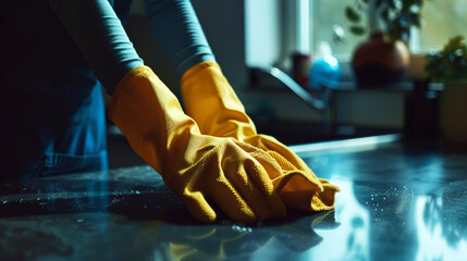 Female cleaner hands in gloves close up, - obrazy, fototapety, plakaty