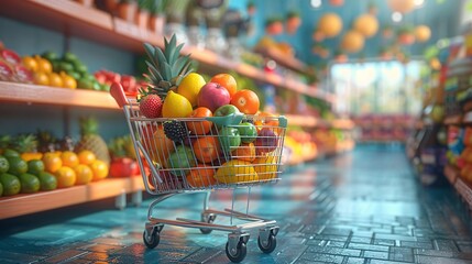 Online grocery shopping with a realistic 3D character, using a shopping cart and receipt. - 768603930