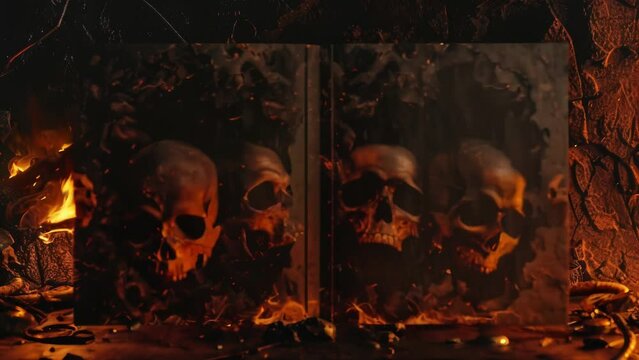 Blank mockup of a heavy metal album cover with dark and moody imagery including skulls and fire.