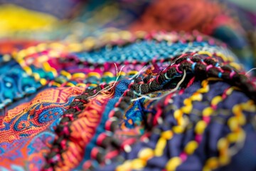 closeup of a multicolored basting seam on patterned fabric