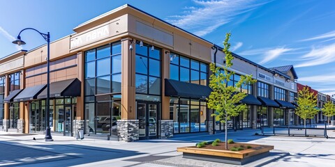 Obraz premium Newly constructed retail and business building with awning, currently offering space for purchase or rental in a combined storefront and office setting.