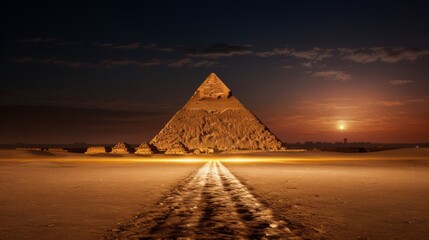 Fototapeta na wymiar Majestic great pyramid on mountain peak shining brightly under the enchanting glow of the moonlight