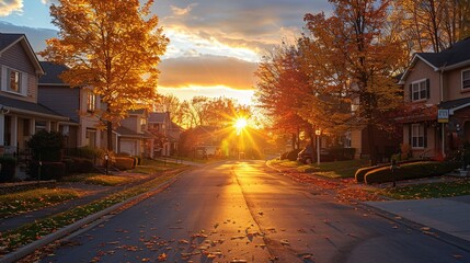 Peaceful residential road lined with homes and amber foliage during dusk. - obrazy, fototapety, plakaty