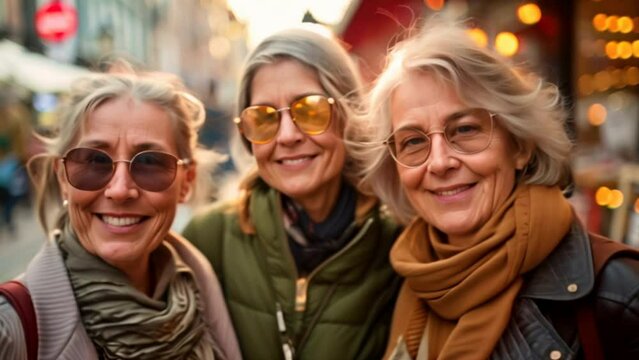 A group of mature female friends posing together in front of the camera. Having fun outdoors on a city street - three mature trendy women having fun together