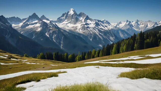 Serene mountain landscape with snow patches and green fields