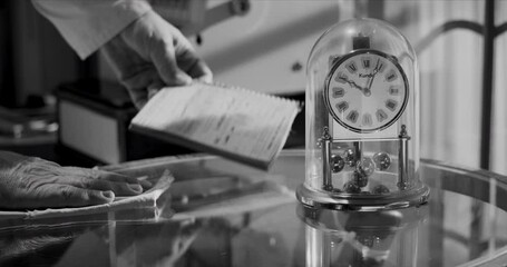 Vintage Retro tradesman in a smock: Cleaning the counter, vintage clock, 1950 - Powered by Adobe
