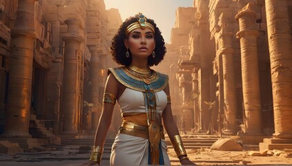 Ancient charm: Egypt Cute Queen wanders through Edfu Temple at dusk - obrazy, fototapety, plakaty