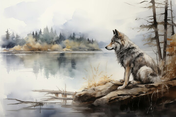 Watercolor painting of a gray wolf nestling along a river in misty nature.