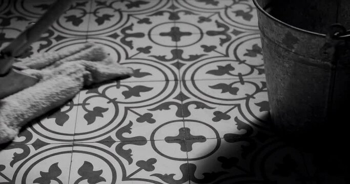 Vintage Retro tiled floor: Being scrubbed, 1950