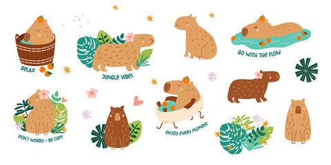 Capybara cartoon set. Cute capybara animal swimming, taking bath with tangerines, framed jungle leaves. Funny vector collection positive phrases, stickers, logo, isolated elements in childish style.