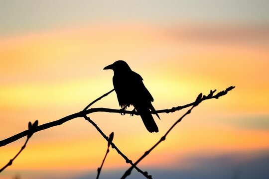 silhouette of a crow on a bare branch with a cold sunset sky