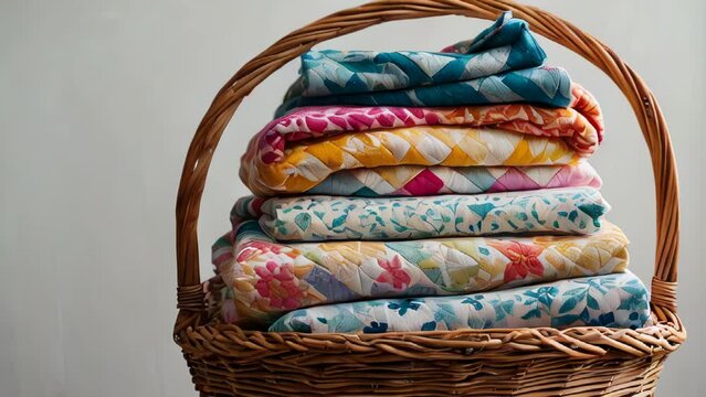 Colorful quilts neatly stacked in a wicker basket