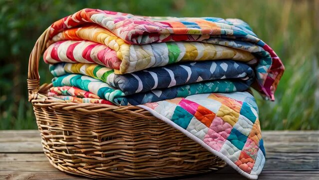Colorful quilts in a wicker basket on a wooden surface