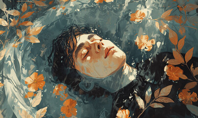 illustration of a young man relaxing in the water with autumn leaves. concept of being overwhelmed, numb and dissociated 