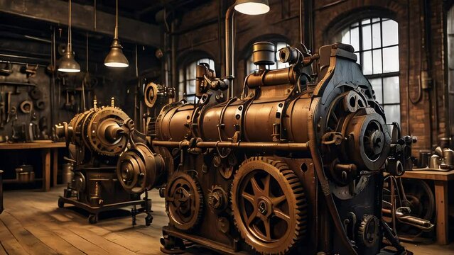 A detailed steampunk machinery setup in a vintage workshop