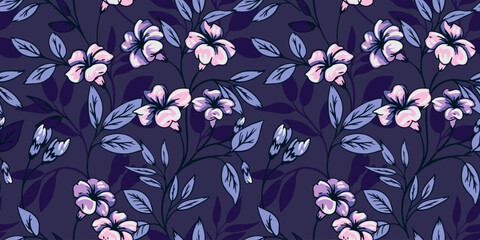 Blooming seamless pattern with artistic, abstract branches wild flowers and leaves. Colorful blue floral stems ornament on a dark background. Vector hand drawn. Template for design, fashion, textile