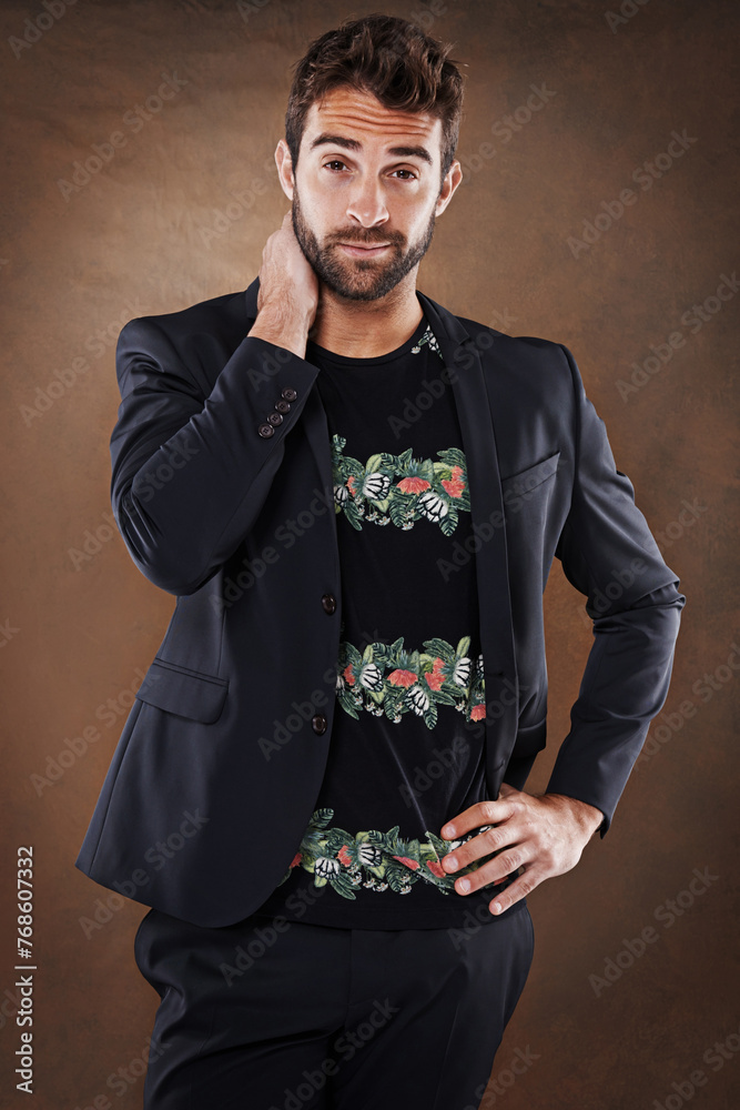 Poster thinking, confused and portrait of businessman in studio with fashion, questions or how to guess on 