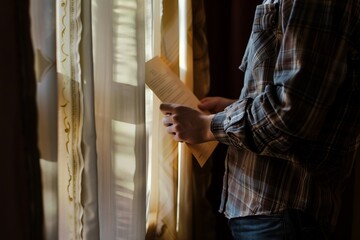 person holding script leaning against closed curtain - obrazy, fototapety, plakaty