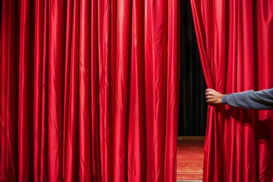 person pulling thick red curtain open to reveal empty stage