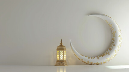 3d rendering of white and golden crescent moon with lantern, white background with copy space - obrazy, fototapety, plakaty