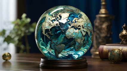 world map encased in a glass ball, the intricate lines and colors of the continents and oceans captured in stunning detail