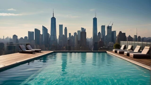 Rooftop pool with loungers overlooking city skyline at dusk