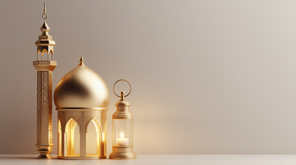 3d golden lantern on white background with copy space