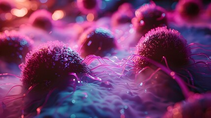 Microscopic view of virus cells. 3D rendering medical illustration. - obrazy, fototapety, plakaty