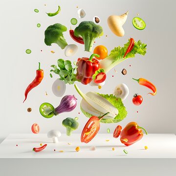3D Render: Various Vegetables Suspended in Air Against Bright White Background