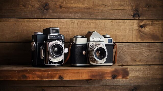 Vintage cameras on rustic wooden shelf