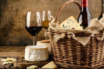 wicker basket with artisanal cheese and wine gifts on a rustic table - obrazy, fototapety, plakaty
