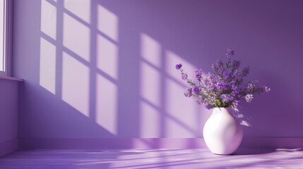 Minimalistic purple violet room with a white vase and purple flowers, Mock up lilac room with light...