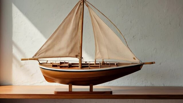 Model sailboat on wooden stand in soft light