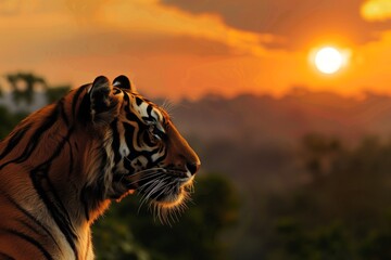 tiger looking out, sun setting in jungle