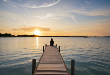 A dock extending into a still lake with a lone person sitting at the end soaking in the sunset's beauty colorful background