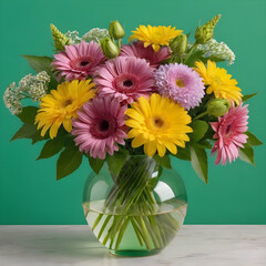 a beautiful chic bouquet of flowers in a vase on a green background