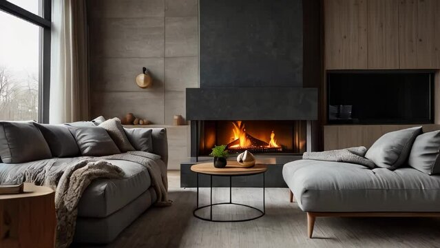 Luxurious modern living room with fire