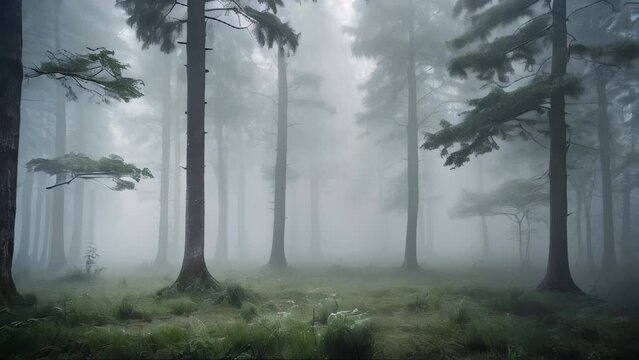 Enchanted misty forest with lush greenery
