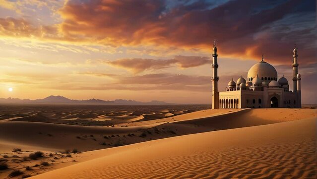Golden hour over iconic mosque in desert