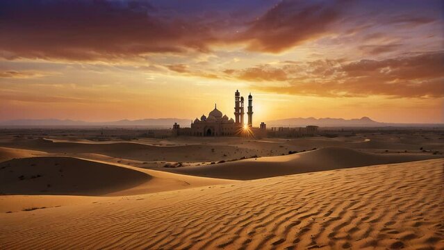 Sunset over desert and mosque silhouette