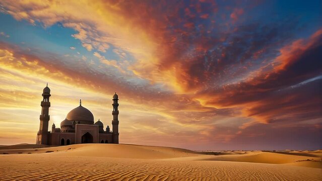 Dramatic desert sunset behind grand mosque