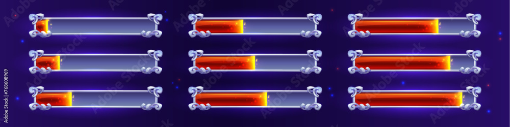 Poster progress bar loading steps with flourish decorated metal frame with red neon glowing linear loader f