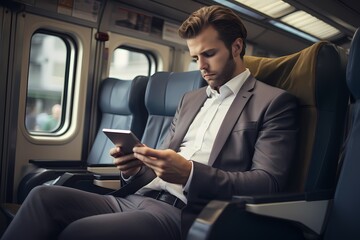 A businessman using a tablet to monitor stock market activity while traveling on a train