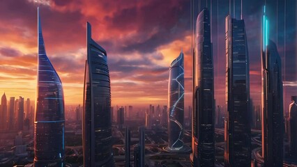 Sunset skyline of a futuristic metropolitan