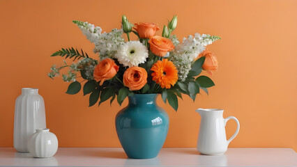 a beautiful chic bouquet of flowers in a vase on an orange background