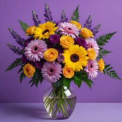 beautiful gorgeous bouquet of flowers in a vase on a purple background