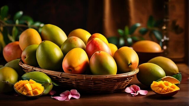 A basket of freshly picked ripe mangoes