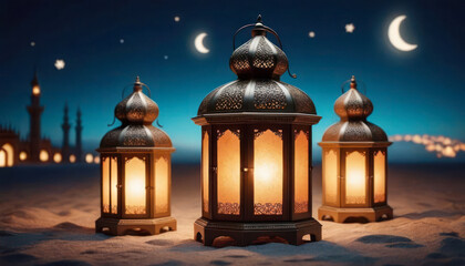 Fototapeta premium Ramadan Kareem, Lantern, Postcard: Illuminated lantern at dusk during Ramadan signifies tradition.